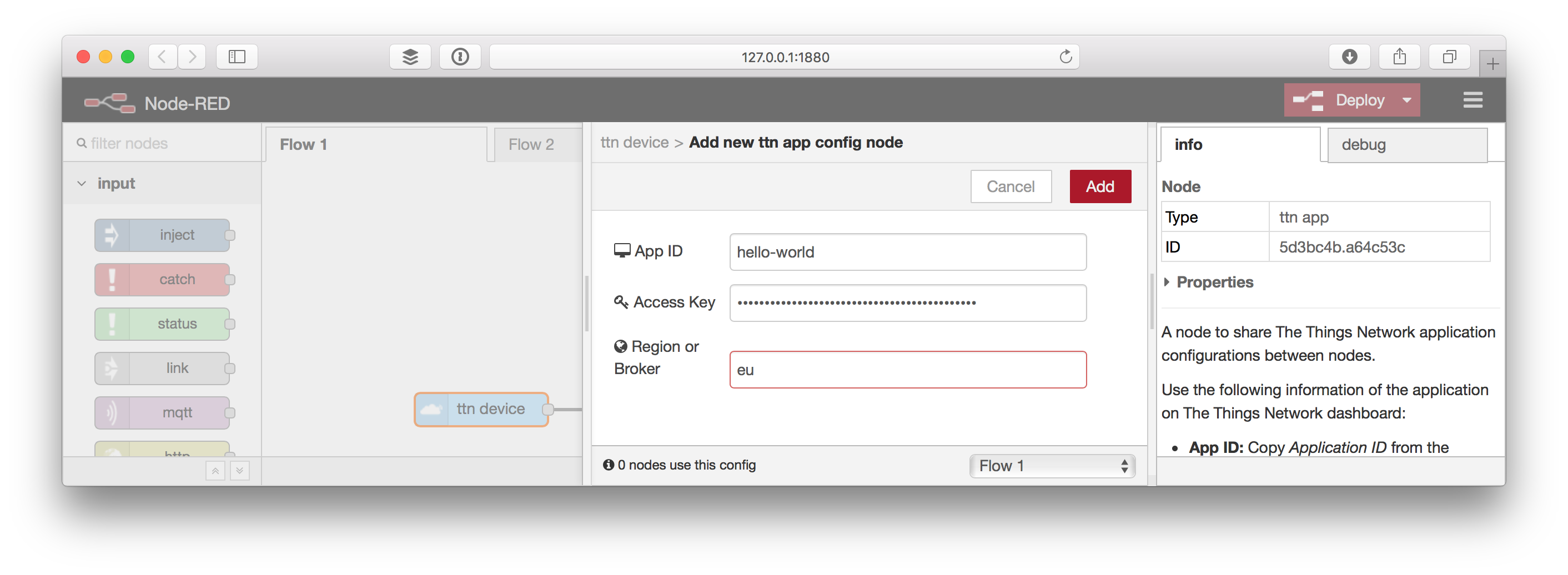 Add new ttn app config node